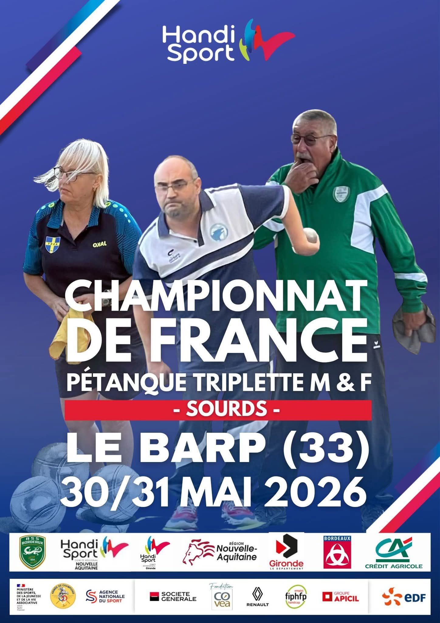 Direction Le Barp, proche de Bordeaux, pour le Championnat de France de Pétanque Handisport "Sourds" en Triplettes Masculin et Féminin. Nos Meilleures Pensées accompagnement nos 3 Équipes du Club Sportif des Sourds Muets de Paris 1911 / Cercle de la Croix Saint-Simon Inclusion Paris 20ème, engagées dans cette Compétition Début des parties à 8h00 ce Samedi 30 mai 2026